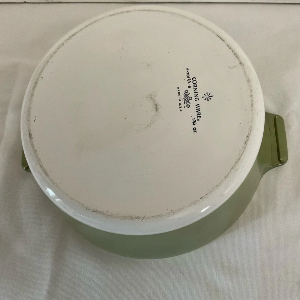 Vintage Corningware Avocado Green and White Ceramic Baking Dish 1-3/4 quart